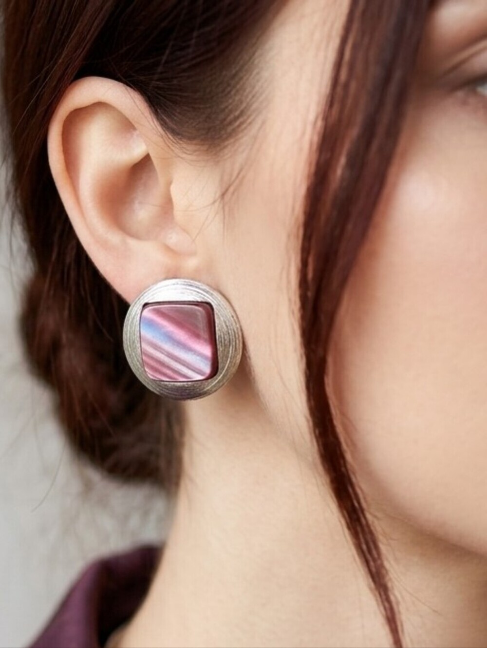 Vintage Silver-Tone Earrings with Pink Iridescent Inlay Made In Italy 80s